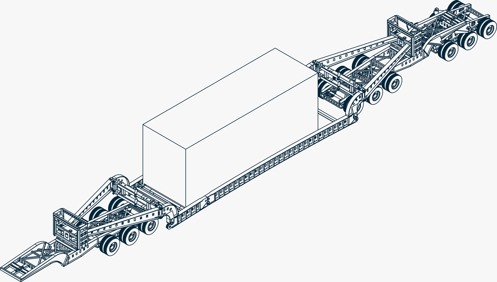 A mechanical drawing of a perimeter 13 axle trailer shown in an isometric view.