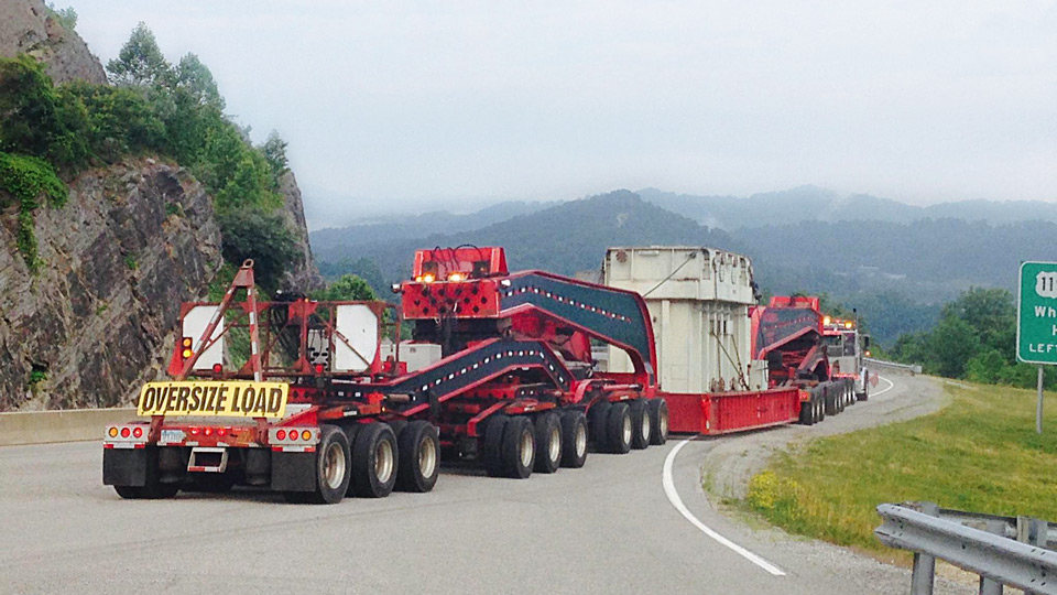 A 19 axle loaded with a transformer moves through the mountains of West Virginia.