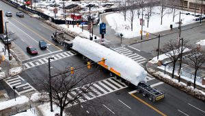 A large superload being transported right past Progressive Field in Downtown Cleveland.
