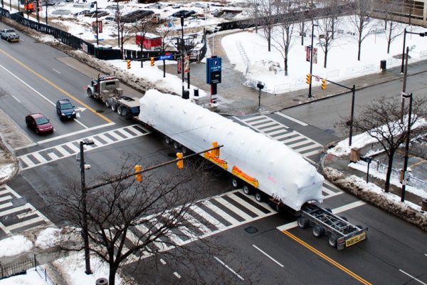 A large superload being transported right past Progressive Field in Downtown Cleveland.