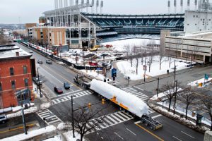 A large superload being transported right past Progressive Field in Downtown Cleveland.